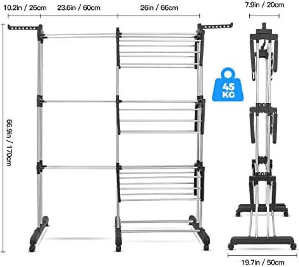 Folding Clothes Rack on Wheels - Standing Clothes Rack - Drying Tower with Wheels - Drying Rack on Wheels - Clothes Rack on Wheels