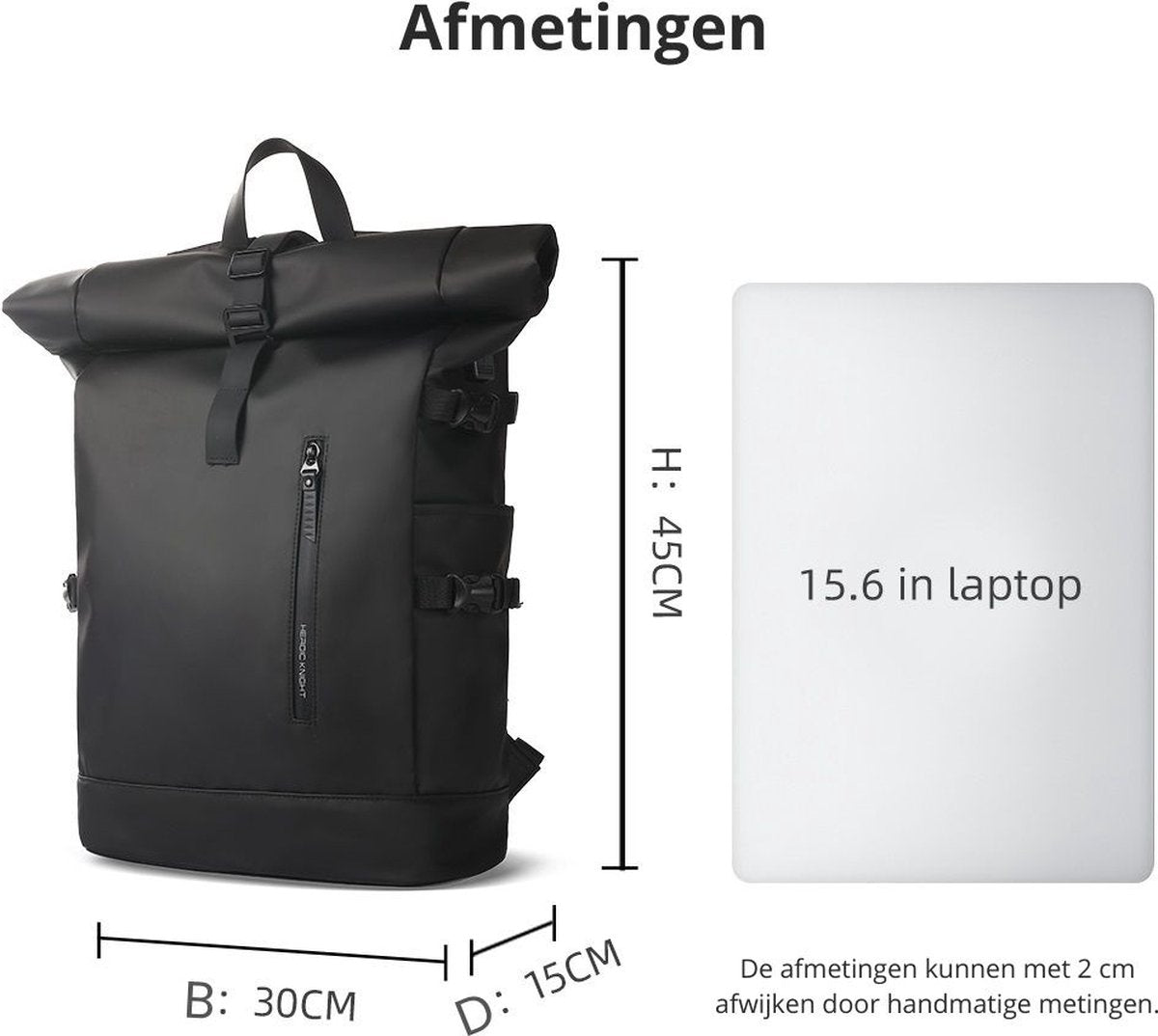 Avoir Avoir® Rolltop Rugzak - Dames en Heren - Waterdicht - Laptoptas 15,6 Inch - 40 Liter Rugtas - Verstelbare Reistas - Backpack Rugzak Zwart