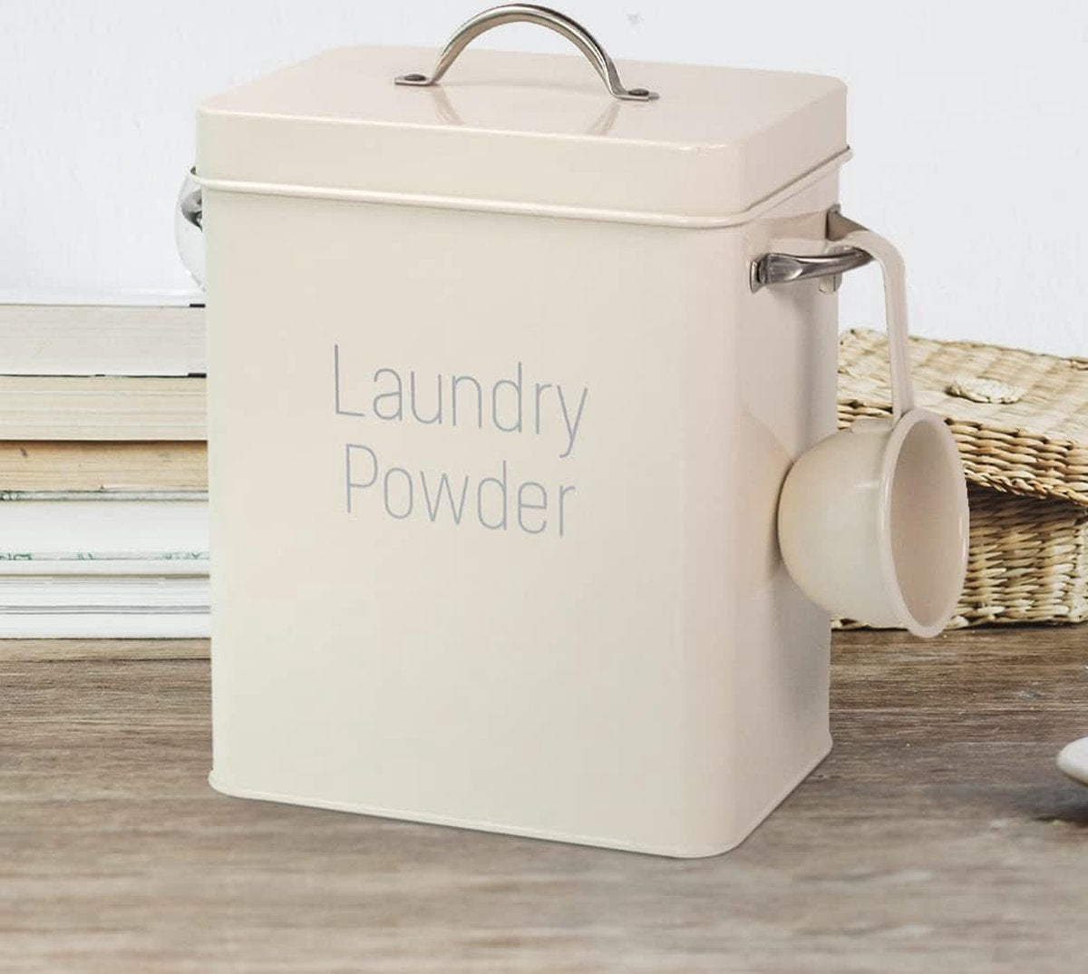 Wasmiddelbak, wasmiddel opbergdoos, doos met maatschep en lepel, waspoeder, metalen opbergdoos, 4 liter, poeder opbergdoos (melkwit)