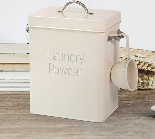 Wasmiddelbak, wasmiddel opbergdoos, doos met maatschep en lepel, waspoeder, metalen opbergdoos, 4 liter, poeder opbergdoos (melkwit)