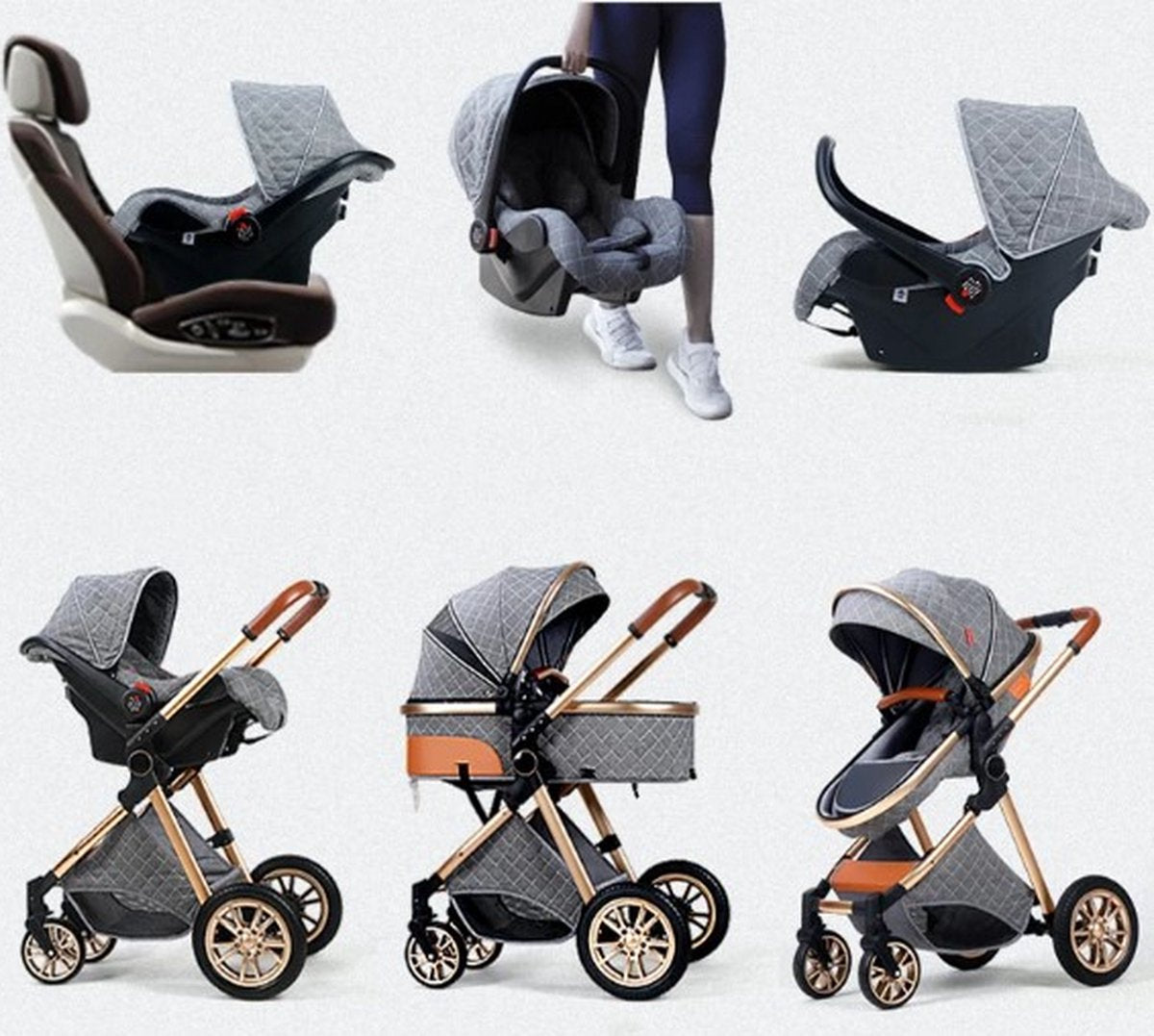 Luxury multi-functional 3-in-1 stroller - Quality buggy - Foldable pushchair - Khaki