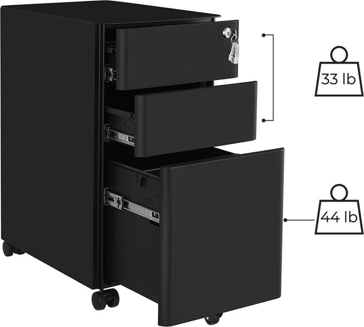 Filing Cabinet on Wheels - Archive Cabinet - Drawer Cabinet - with Lock - 3 Drawers - Black