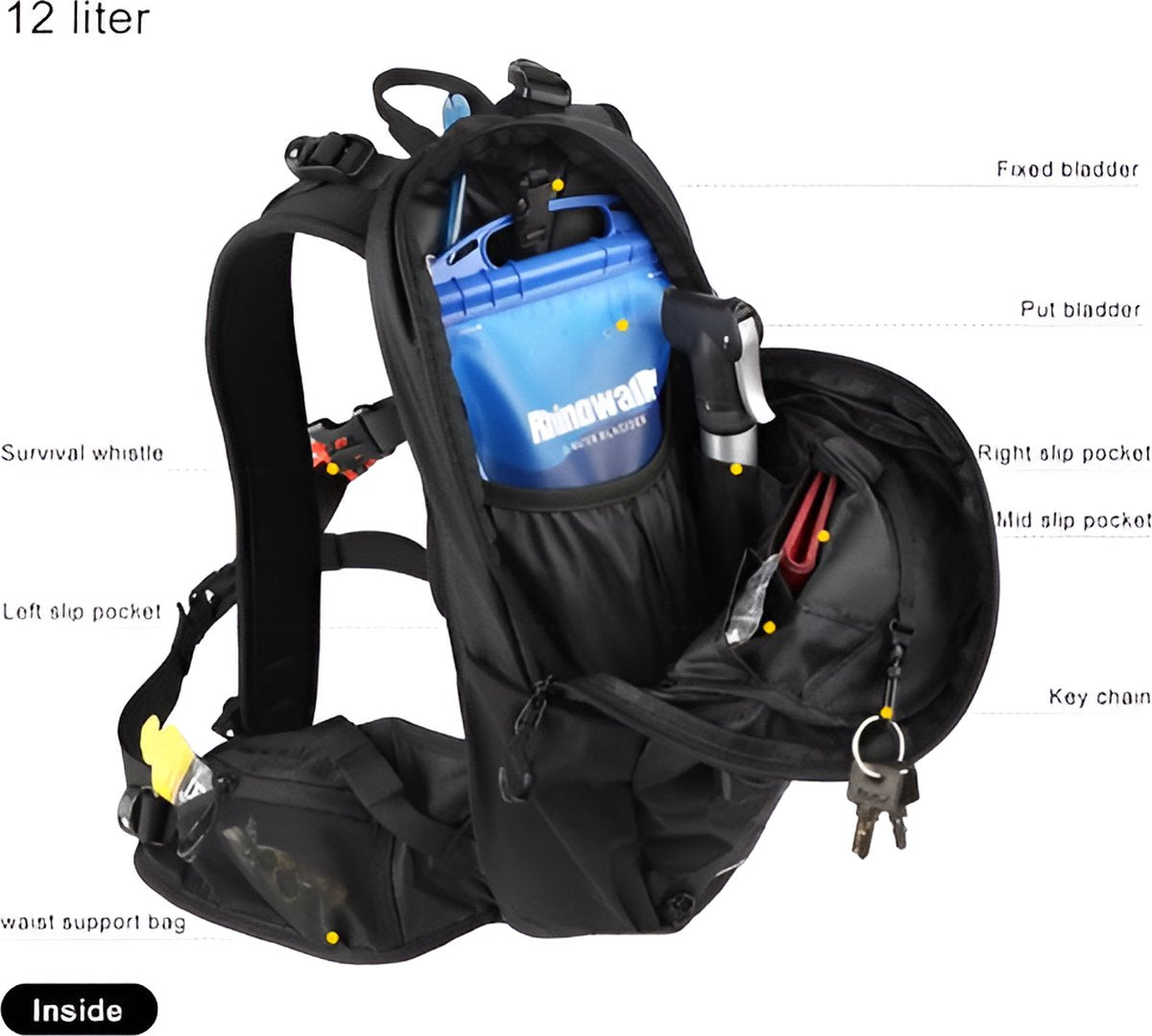 E-Shop4u® - Wandelrugzak 12L - Waterdicht - Backpack Fietsen - 2L Waterzak - Zwart