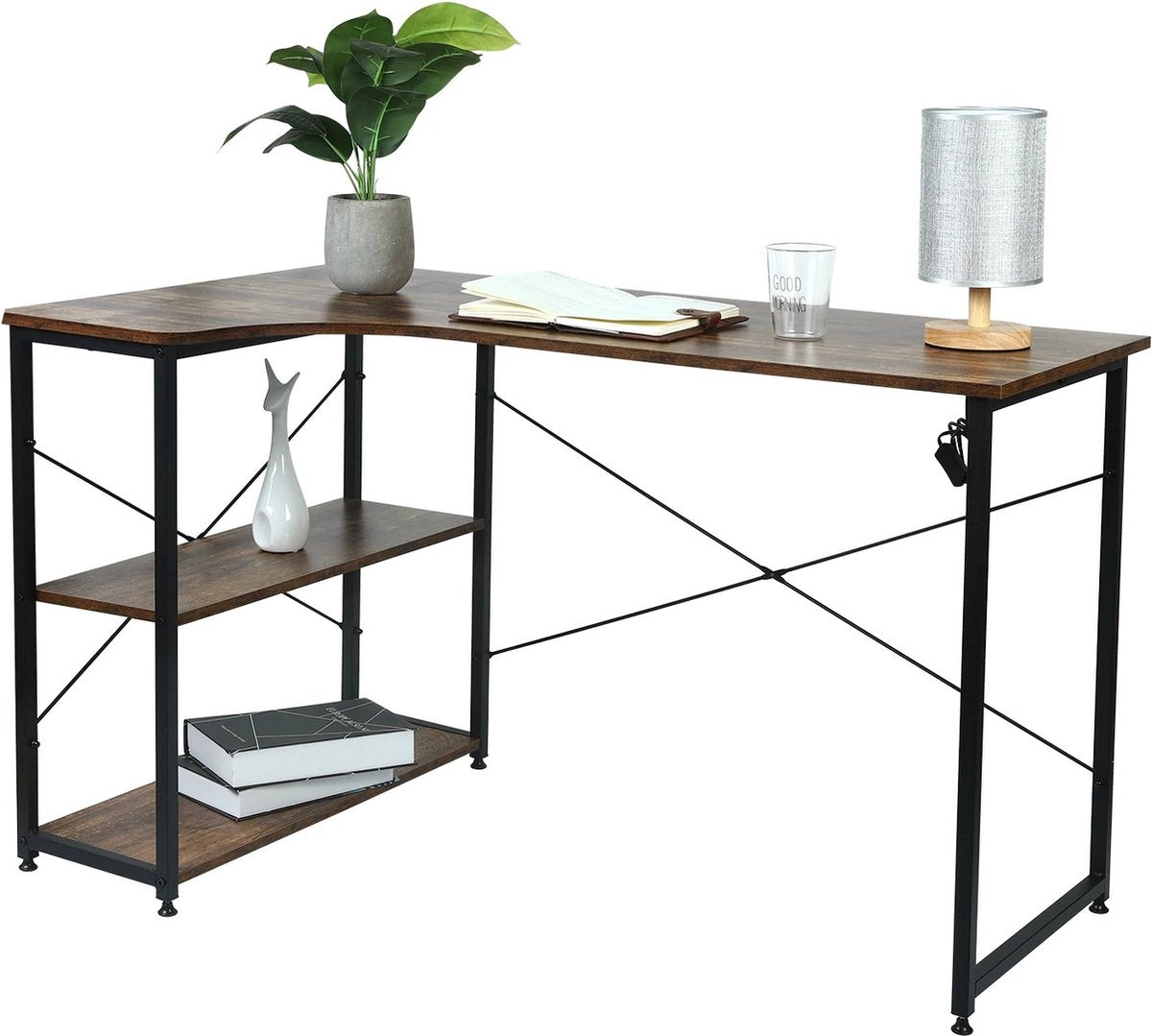 Asaam-computertafel-bureau met 2 legplanken-computer-pc-bureau-kantoortafel-werktafel met boekenplank-werkstation voor home office-moderne schrijven studeertafel
