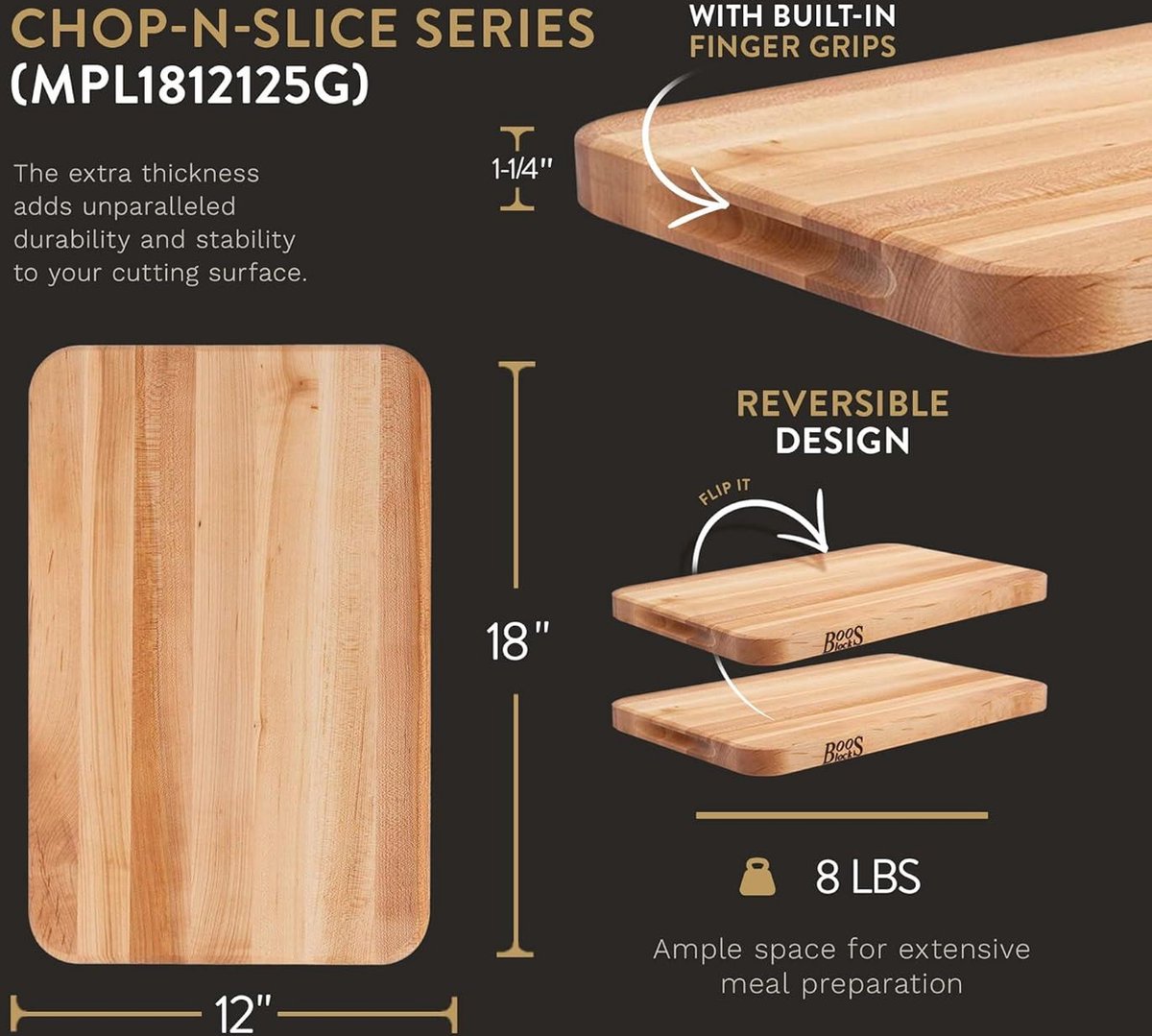 Professional cutting board - Large size - Maple wood - Antibacterial - With handle - 457x305x32 cm butcher block