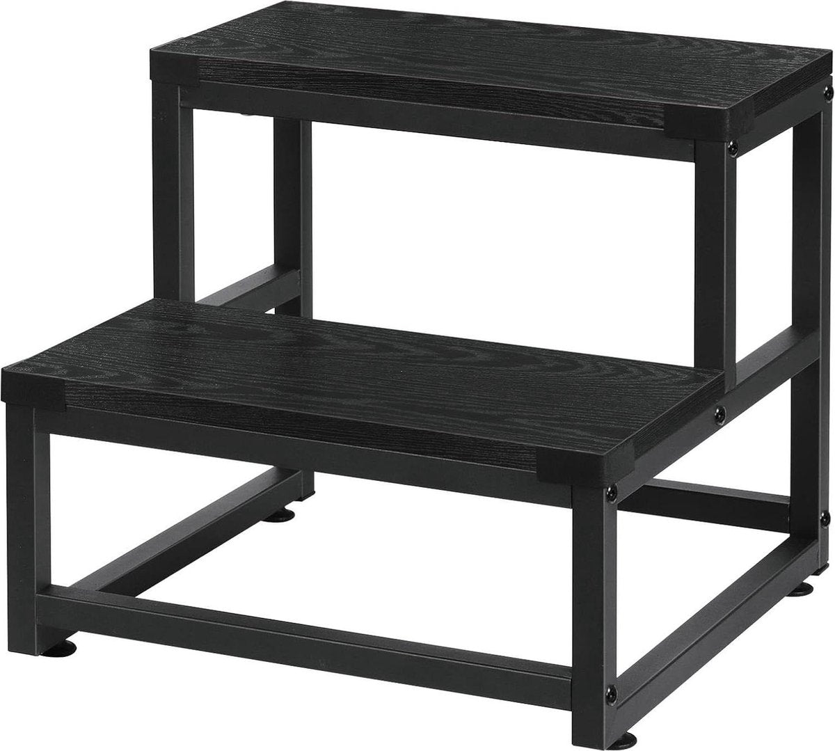 2-Step Stool Heavy Duty Steel and Wooden Stool - Load Capacity up to 220 kg - for Adults and Children - Black - Bed Kitchen Bathroom