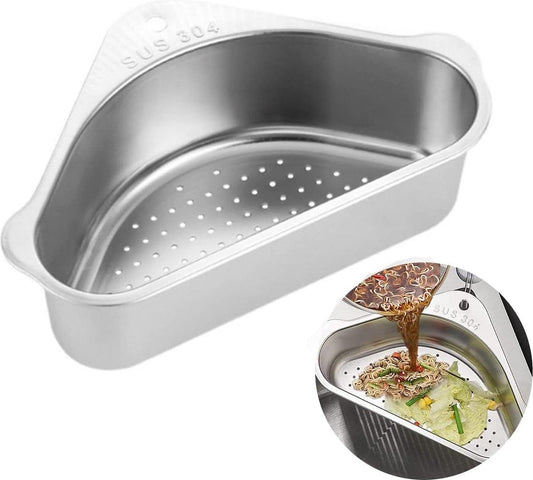 304 roestvrijstalen spoelbakafdruiprek, driehoekige gootsteenfilter, spoelbakfilterrek, multifunctionele spoelbakorganizer voor het filteren van voedselresten en het wassen van groenten of fruit (zilver)