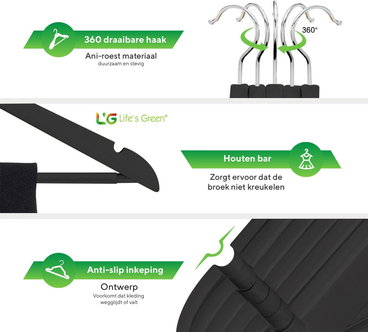 Life's Green® - Kledinghangers - 100 stuks - Kledinghanger LGS1810 - Zwart - Hout - Antislip