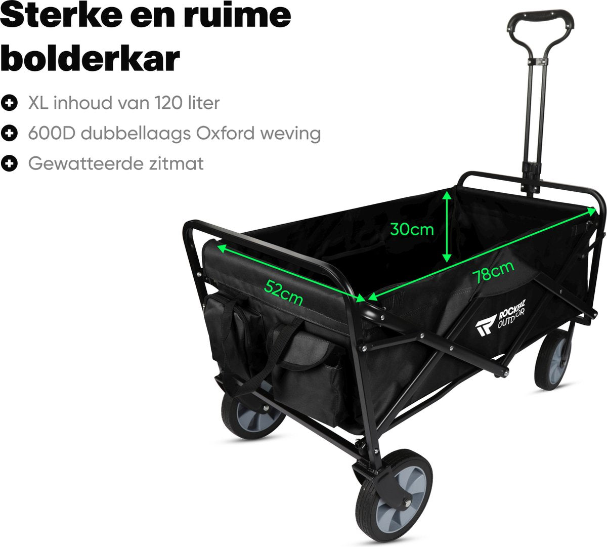 Rockerz Bolderkar Opvouwbaar - Bolderwagen 120L - Inclusief veiligheidsriemen - Handige opbergvakken - Zwart