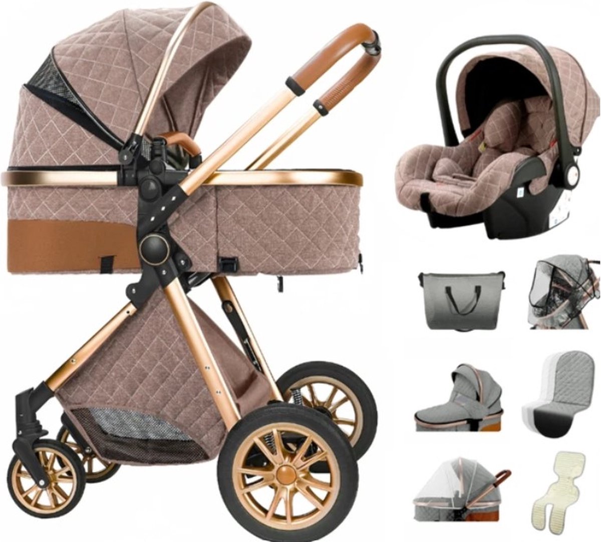 Luxury multi-functional 3-in-1 stroller - Quality buggy - Foldable pushchair - Khaki