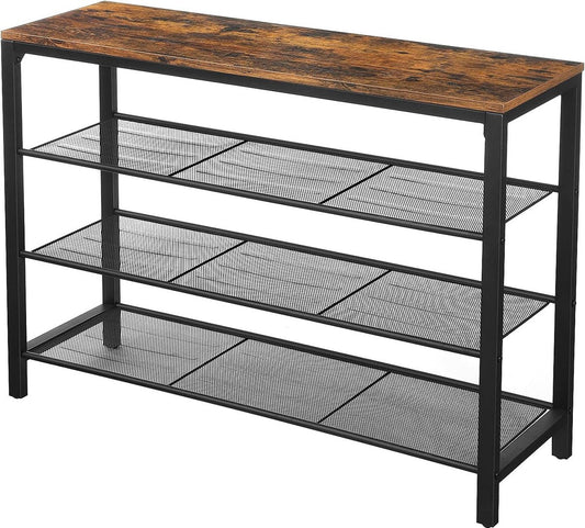 Hoppa! Schoenenrek, schoenenrek, schoenorganizer met 3 strakke gaasplanken, gang, woonkamer, slaapkamer, eenvoudige constructie, stabiel, industriële stijl, vintage bruin-zwart