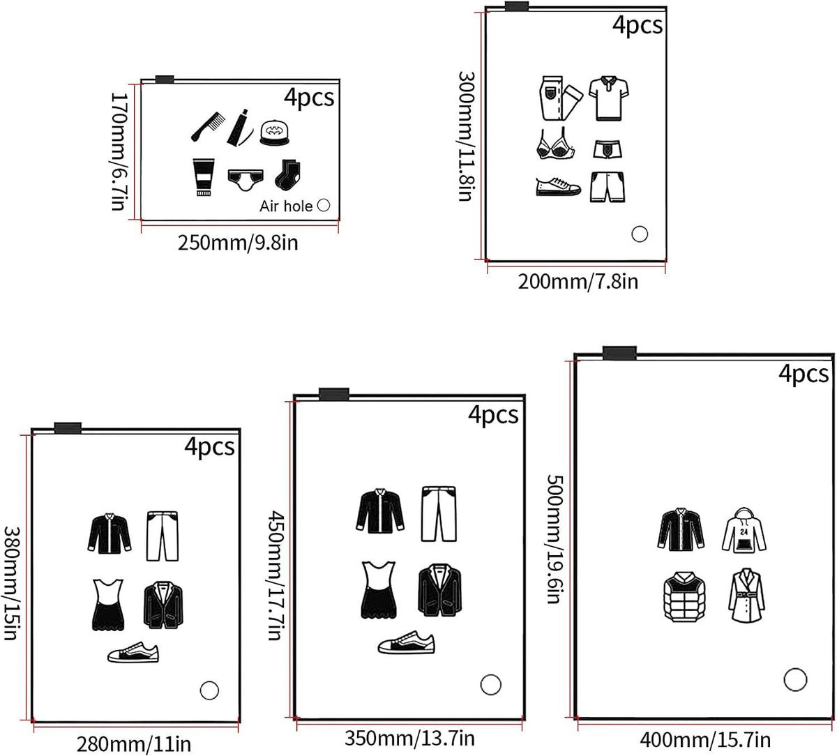20 stuks - Kledingzakken voor inpakken - Reistas met rits - Matte compressiezak - Voor reistas - Kleding ondergoed - Schoenen - Cosmetica Koffer Organizer