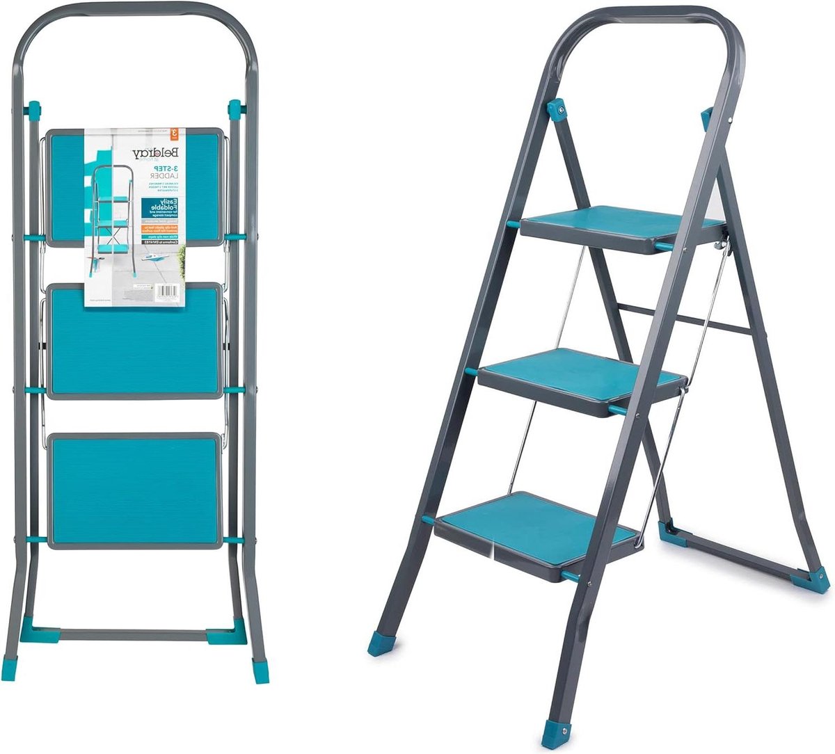 3-step ladder with non-slip treads - durable and sturdy - for indoor and outdoor use - reach height of approx. 25 metres - safety clip - foldable - turquoise/grey Ladder