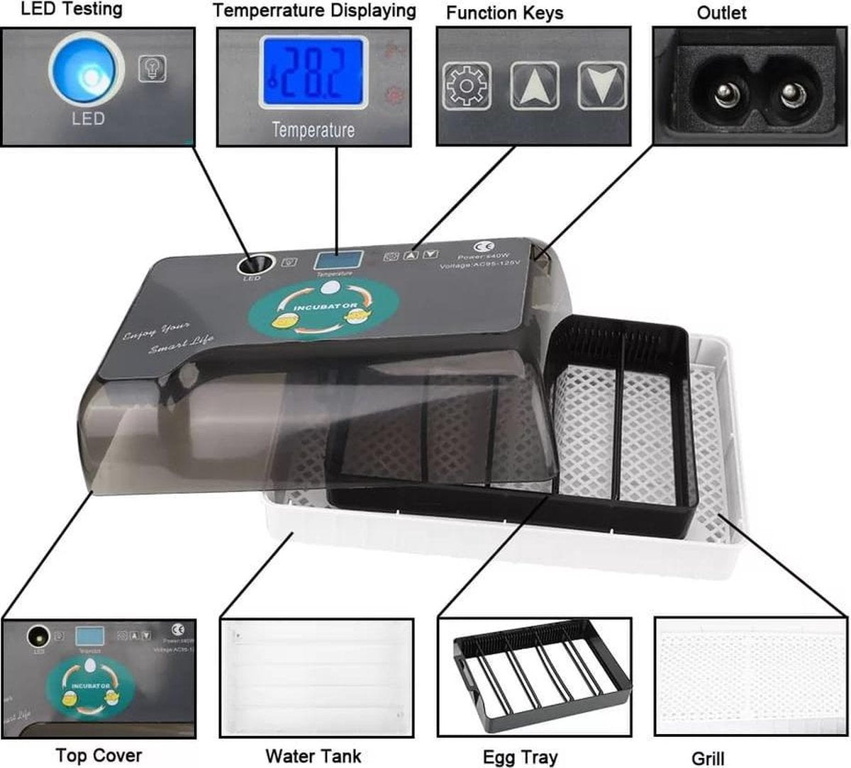 Smart Incubator for eggs - automatic rolling system with integrated candling lamp and water bottle