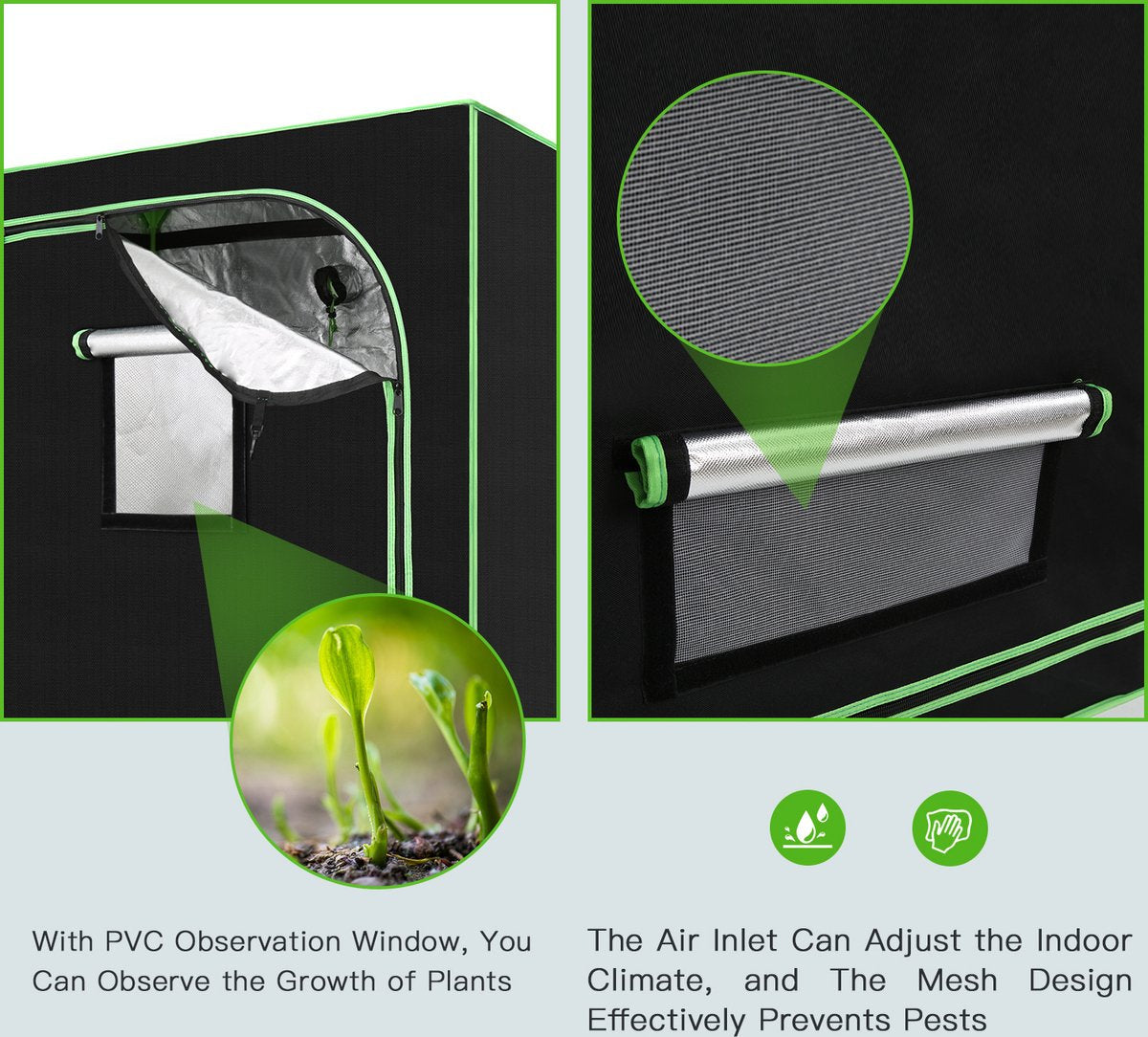 Indoor kweekkast - 60 x 60 x 180 cm - Indoor Growtent - Kweekbox voor planten - planten kweken - Zwart&Groen - 2-in-1 kweekkast - Planten Dark Room - Kas - Waterdicht