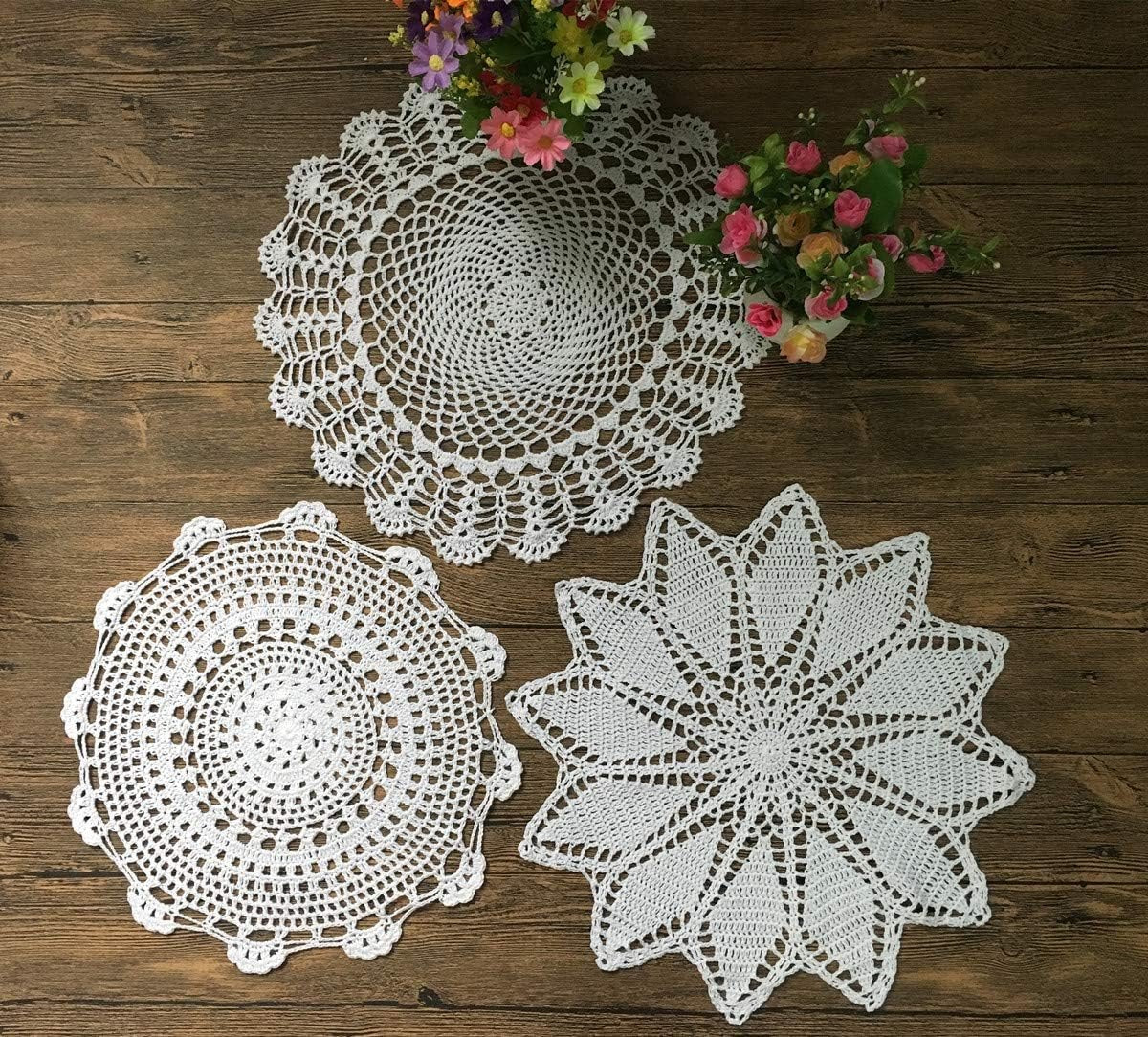 Set van 8 handgehaakte katoenen kleedjes, gehaakte kanten kleedjes, onderzetters, placemat, 23-40 cm rond, wit, vintage, bruiloft, theekransje (8 stuks wit)