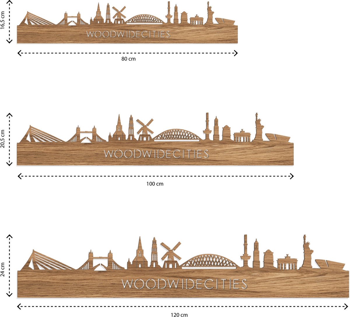 Skyline Alphen aan den Rijn Eikenhout - 80 cm - Woondecoratie - Wanddecoratie - Meer steden beschikbaar - Woonkamer idee - City Art - Steden kunst - Cadeau voor hem - Cadeau voor haar - Jubileum - Trouwerij - WoodWideCities