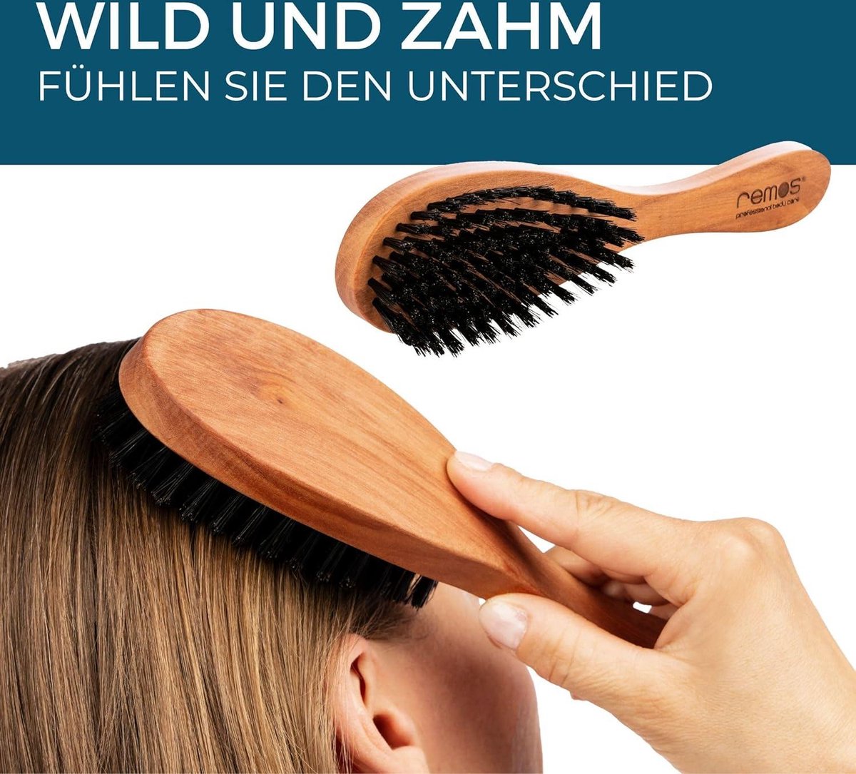 Hairbrush made from pearwood and wild boar bristles with a broad handle - natural REMOS quality