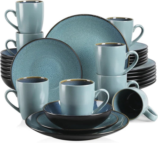 Serviesset - Serviessets - Serviesset 8 personen - Vintage Blauw - Porselein - 32-Delig Servies - Dinerbord - Dessertbord - Kom - Mok
