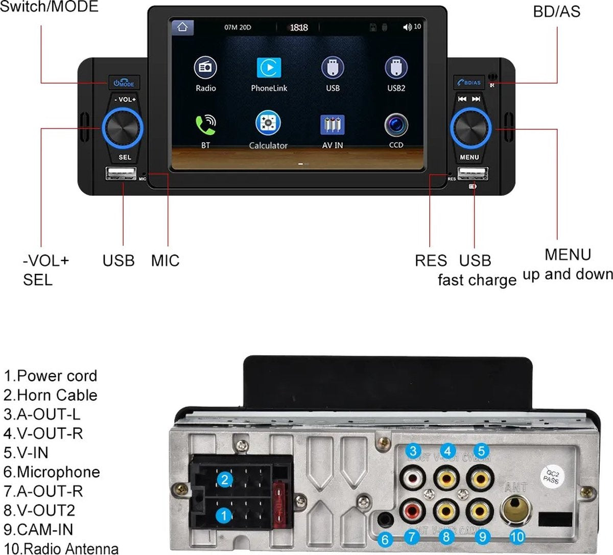 Autoradio - 1 DIN - Apple Carplay - Android Auto - Bluetooth - USB - Camera - 5"