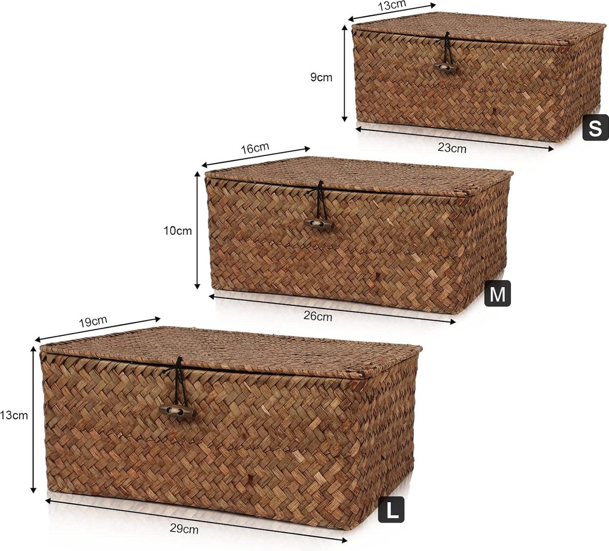Rattan storage basket with lid, 3 pieces, natural seagrass, woven baskets, multifunctional storage box for toys, cosmetics, bathroom, toilet paper