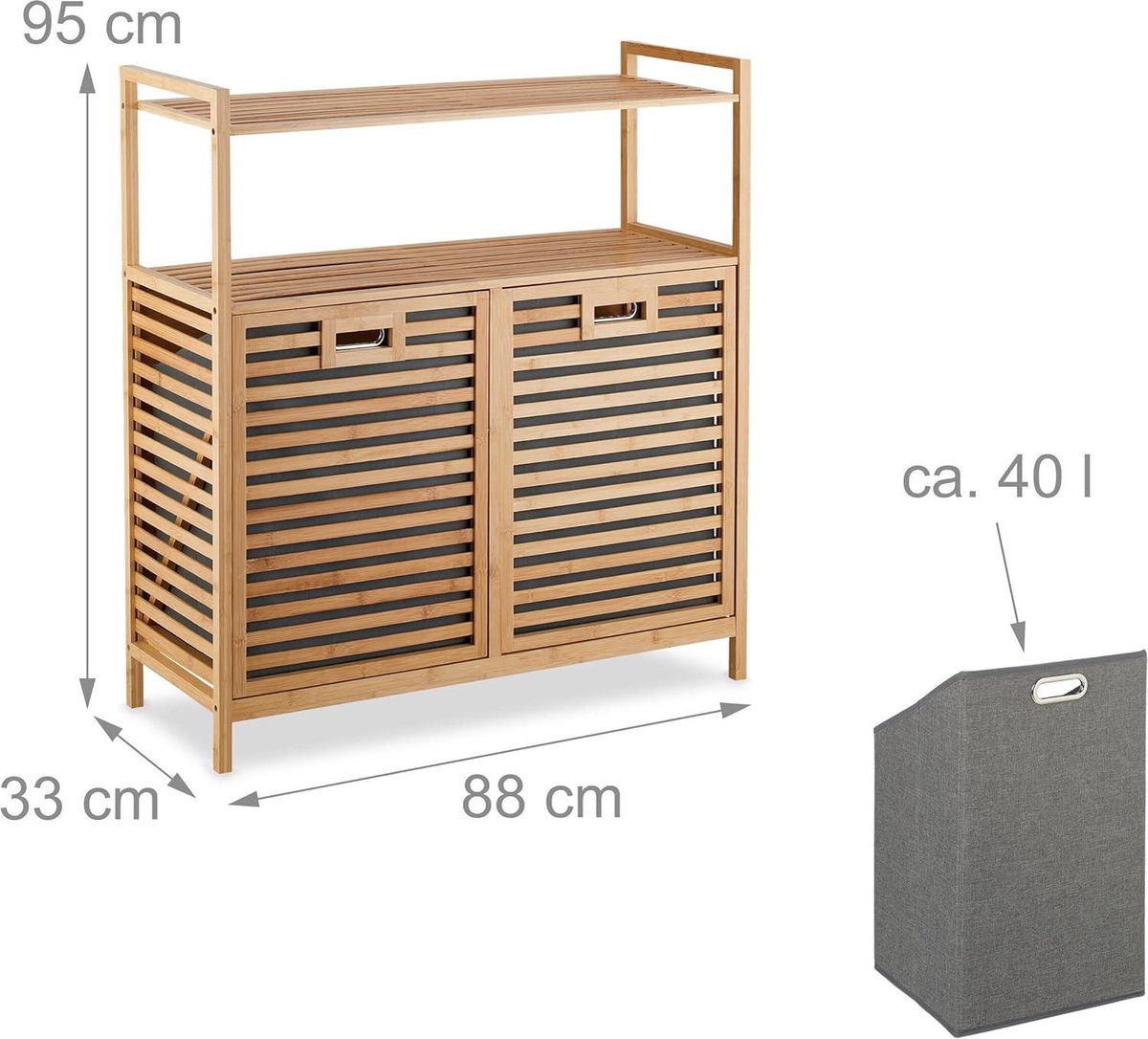 Laundry basket - 2 compartments - tiltable laundry bins - 40 litres per compartment - bamboo and fabric - natural look Laundry basket 3.0