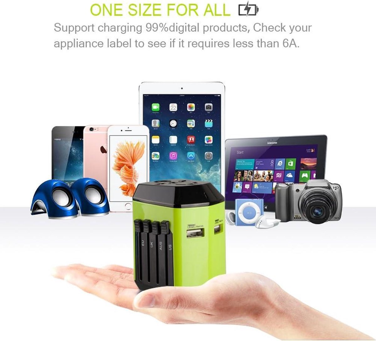 Universal travel adapter with 2 USB ports - UK EU US AU - 180 countries - all-in-one plug adapter - green