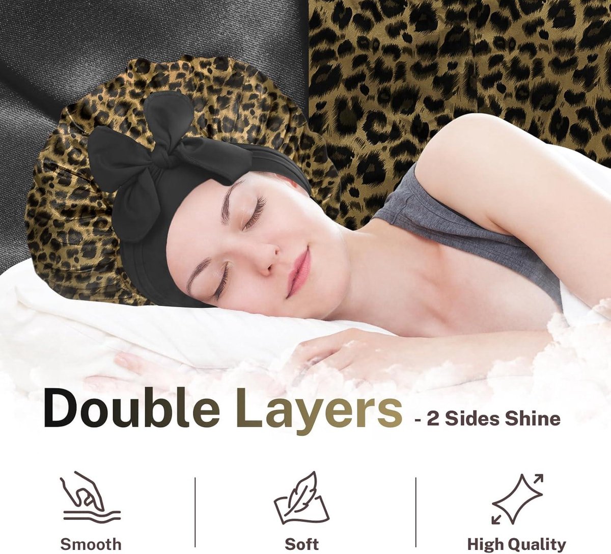 Silk Reversible Sleep Cap - Double-Sided Cap for Curly Hair - Elastic Band - Leopard Print