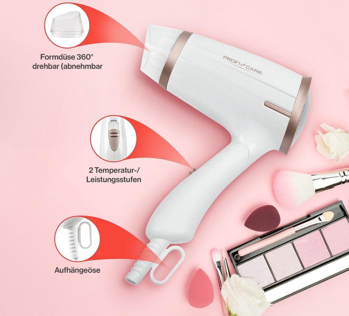 Foldable Hair Dryer PC-HT 3009 - with 2 Speeds & 3 Temperature Settings - Compact Hair Dryer - Overheat Protection - 360° Nozzle