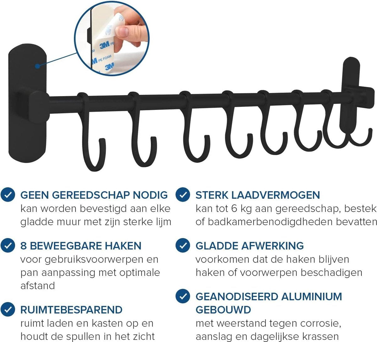 Zelfklevende keukengereihouder zwart - 40 cm - 8 haken - organizer voor keuken, badkamer & garage - keukenstang