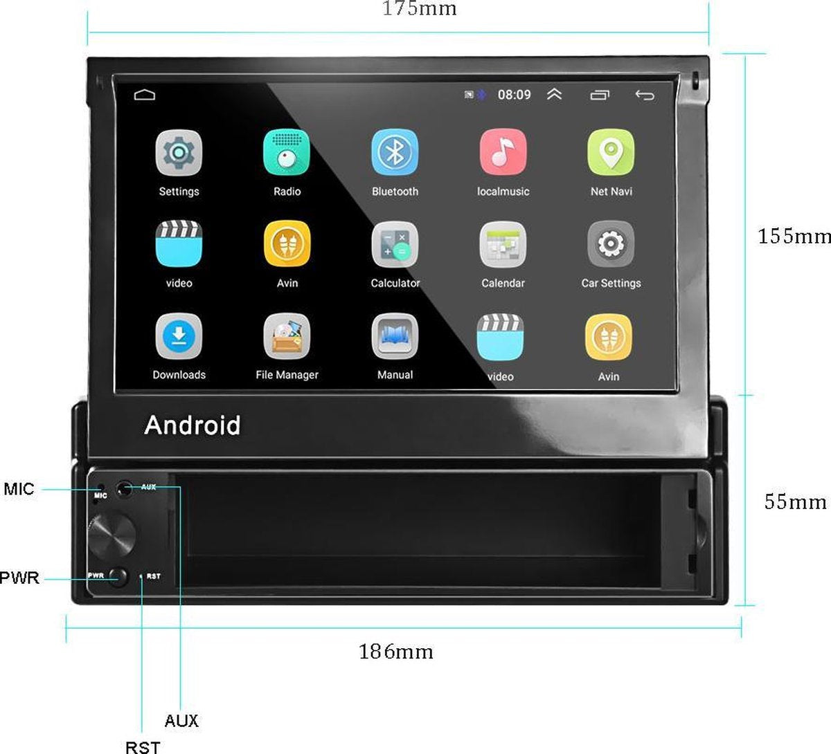1DIN Autoradio | Android 8.1 | Navigatiesysteem | 7" HD-klapscherm | USB, Aux, Bluetooth, wifi | Achteruitrijcamera