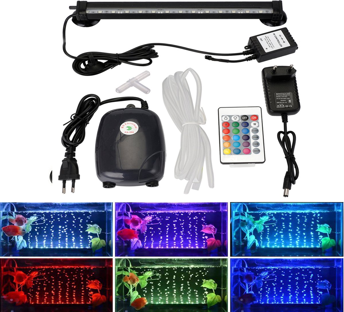 Aquarium RGB-verlichting – 9 leds – 19 cm – met mogelijkheid voor luchtbellen – Wordt geleverd zonder luchtpomp. 4 jaar garantie.