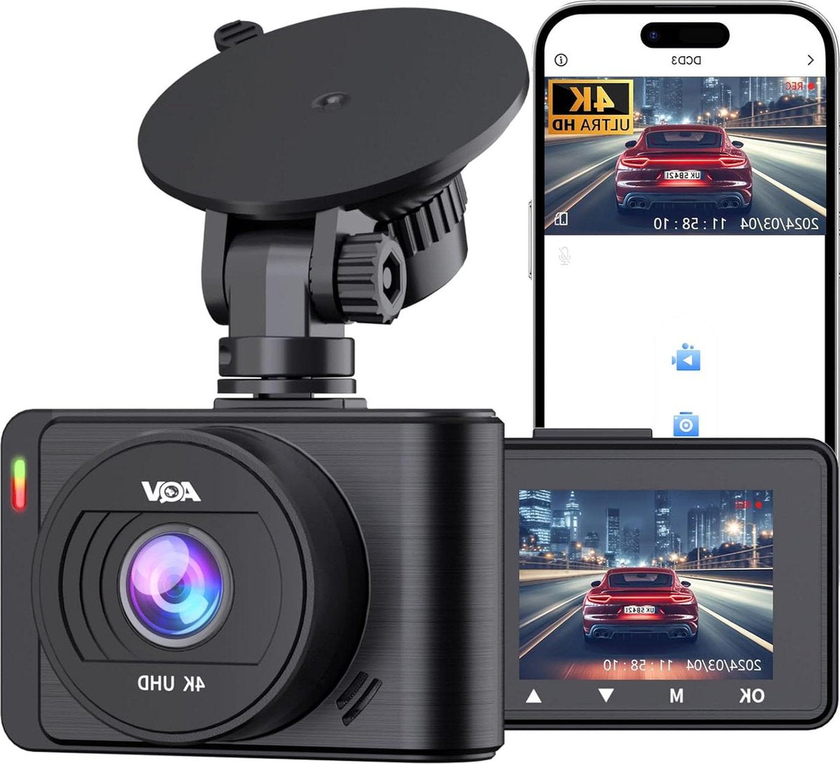 4K UHD WiFi Dashcam Auto - Voorruit Auto Camera - 64GB SD Kaart - 170° Groothoek - Loop Recording - G-Sensor - APP Control - Nachtzicht - Super Condensator Dashcam voor auto