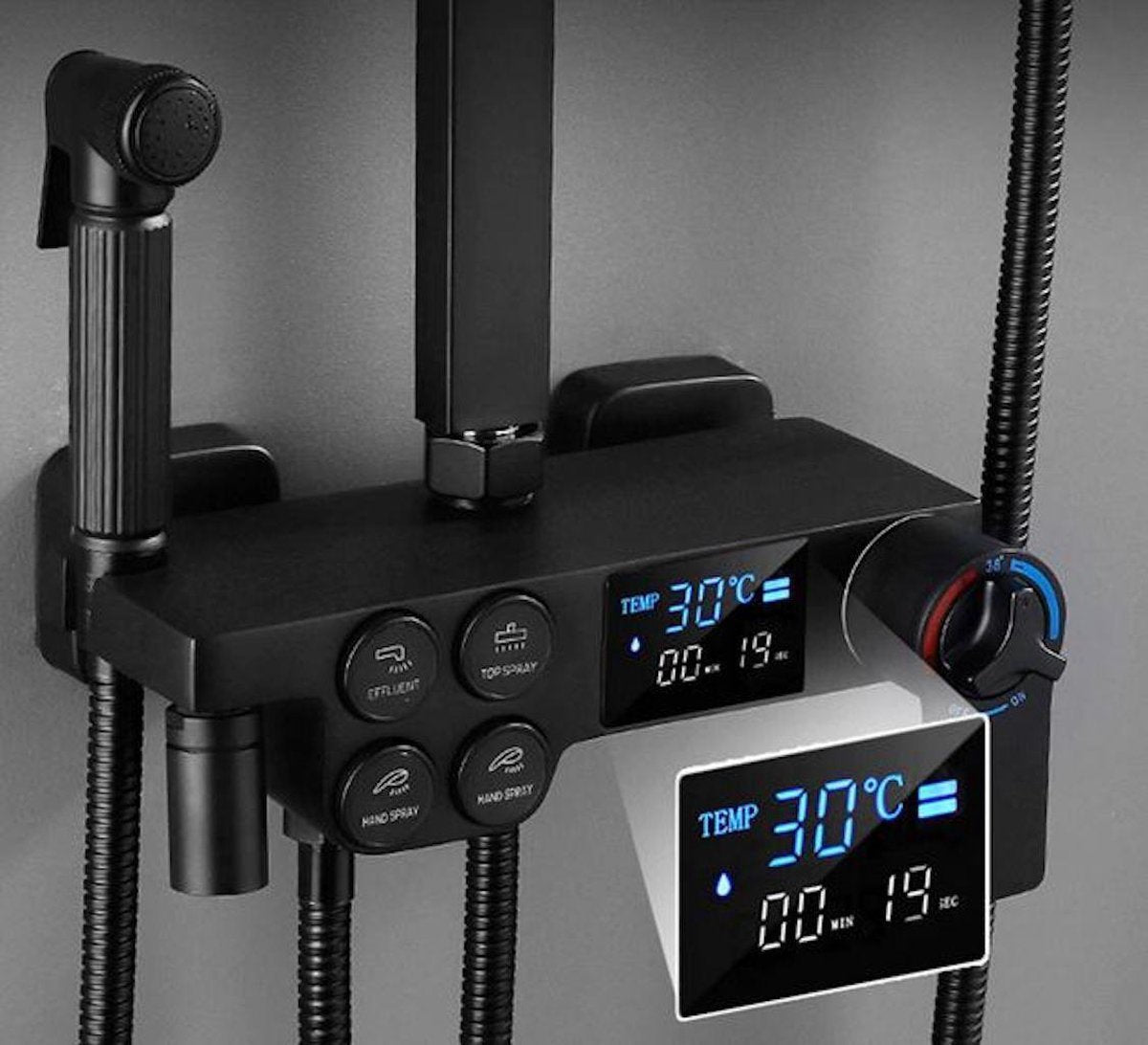Complete Doucheset | ABS Douchesysteem | Mat Zwarte Hoofd- en Handdouche | Vierkante Regendouche voor Badkamer | Verstelbaar | Temperatuurweergave | 360° Draaibaar