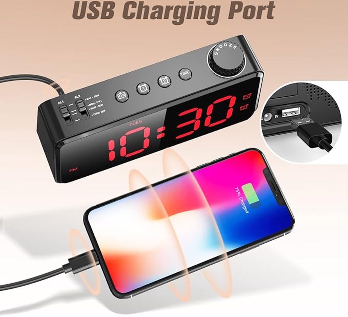 Digital alarm clock with radio, dimmable LED display, mains power with battery backup, dual alarm with weekday or weekend, USB charging station, easy-to-read red numbers for seniors