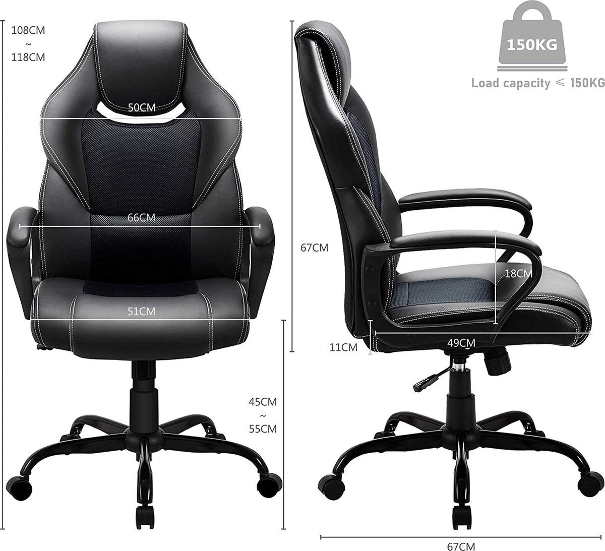 Luxe Ergonomische Bureaustoel Met Kantelmechanisme - Directie Managerstoel Ergonomisch - Ergonomische Luxe Racing Style Design Game Computer Stoel - Voor Gamen/Kantoor/Thuiswerken - Extra Dikke Vulling - Kunstleer - Zwart