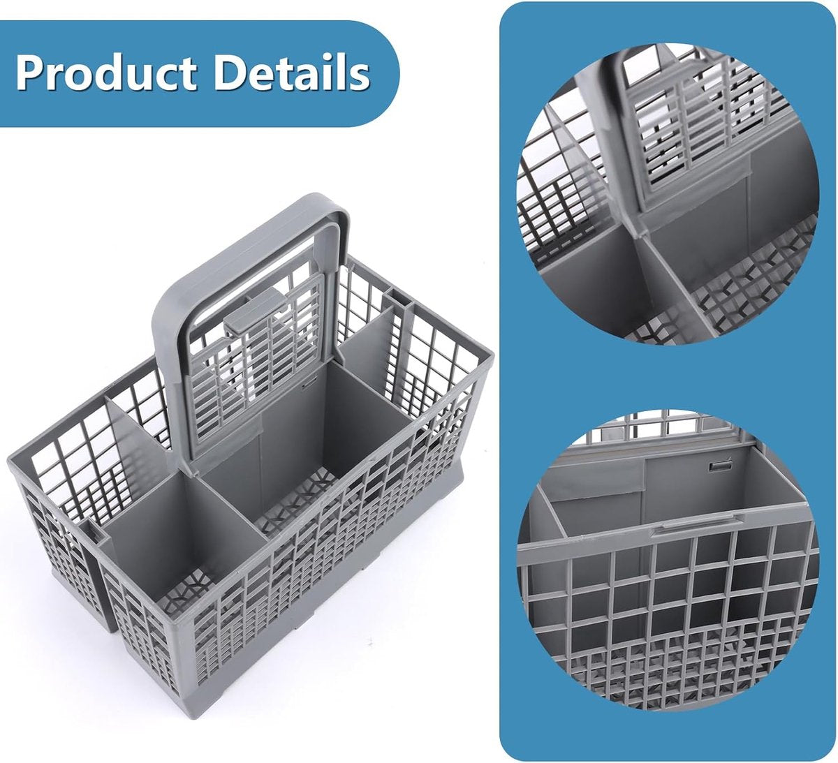 Vaatwasmachinebestekmand, bestekmand voor vaatwasser, bestekmand, stabiele bodem, universeel passend, premium afwasmand met draaggreep voor vele vaatwassers, afneembare handgreep, kunststof, grijs, 24 x 14