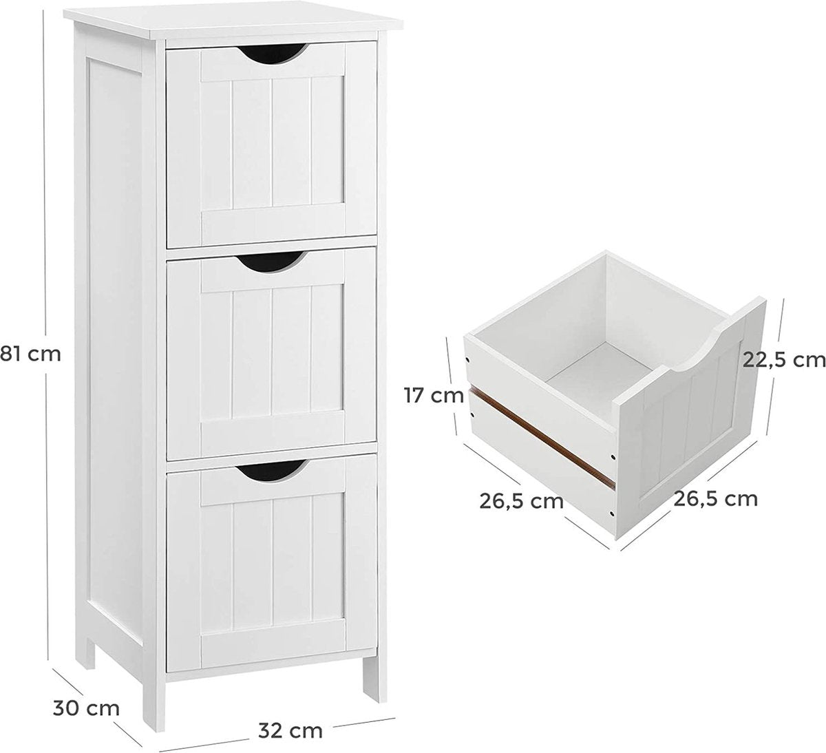 Badkamermeubel, opbergkast, smal badkamermeubel met 3 lades, 32 x 30 x 81 cm, badkamer, woonkamer, slaapkamer, keuken, Scandinavische stijl, mat wit BBC50WT