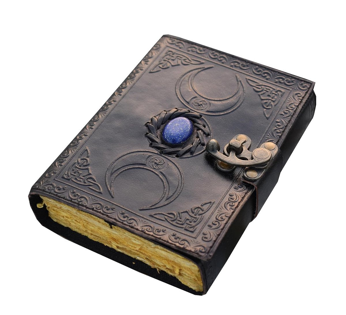 Leren Dagboek - Handgemaakt Leren Notitieboek met Drievoudige Maan ontwerp - Triple Moon Design - Zwart Book of Shadows met Antiek Papier en Kartelrand | Schetsboek voor Magische Formules en Heilige Geometrie