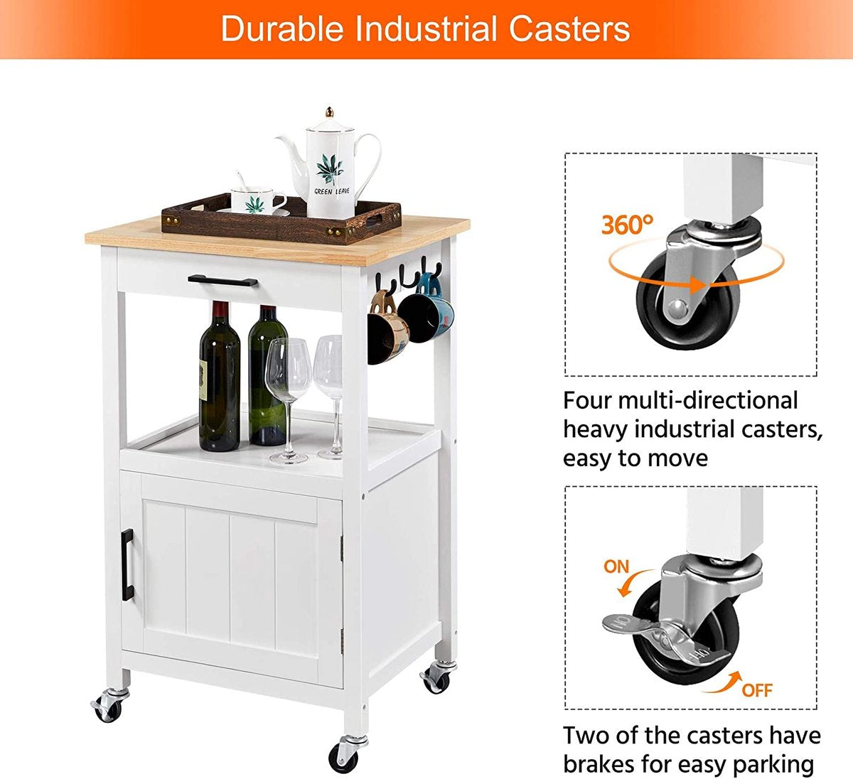 Kitchen cart on wheels, serving cart with cabinet and shelf, wooden worktop, rolling cart 55 x 45 x 89 cm, kitchen trolley in country style, white