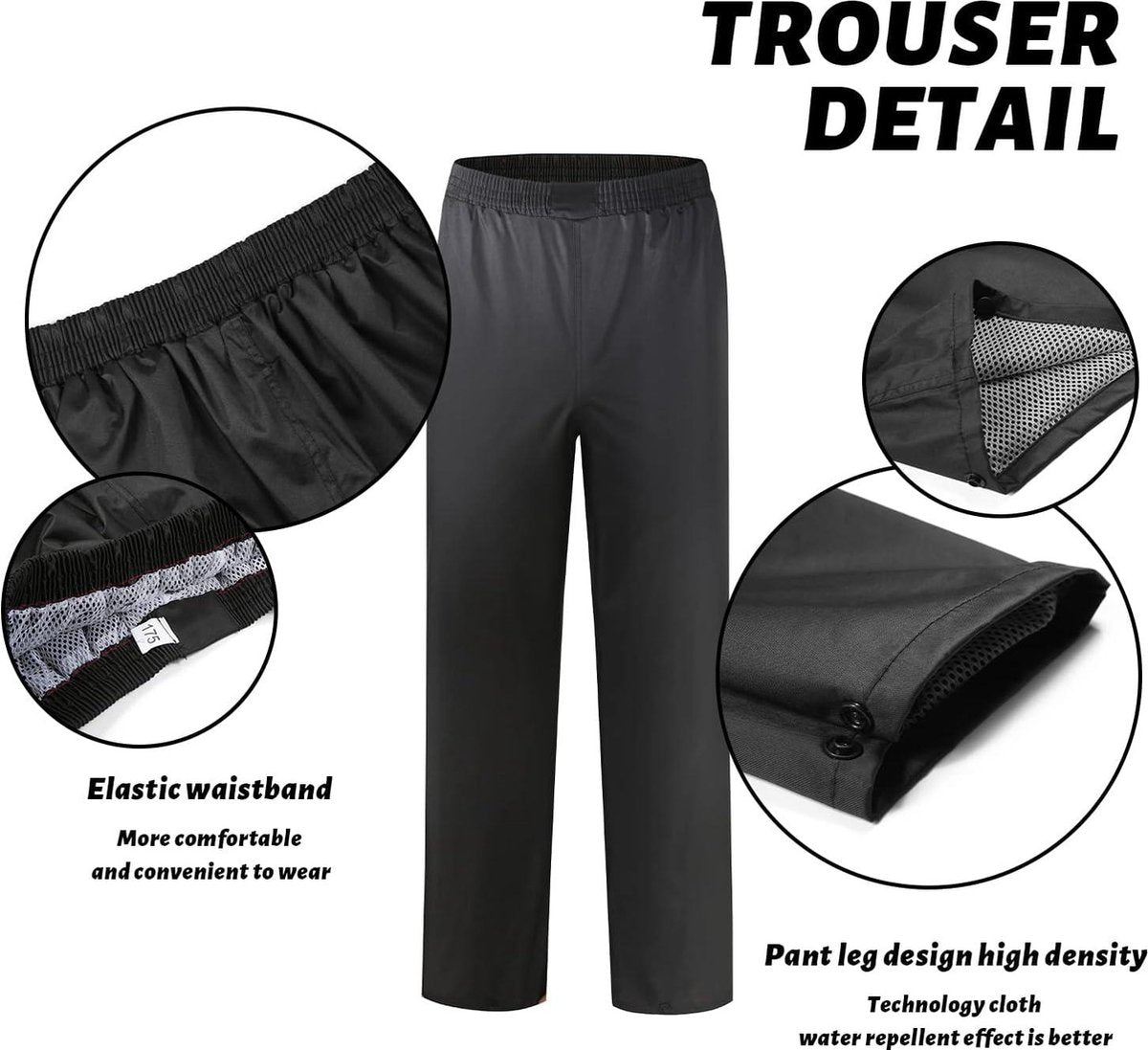 Heren Waterdicht Regenpak (Jack en Broek) Outdoor Anti-Storm Regenkleding met Veilige Reflecterende Strip ZwartM Zwart