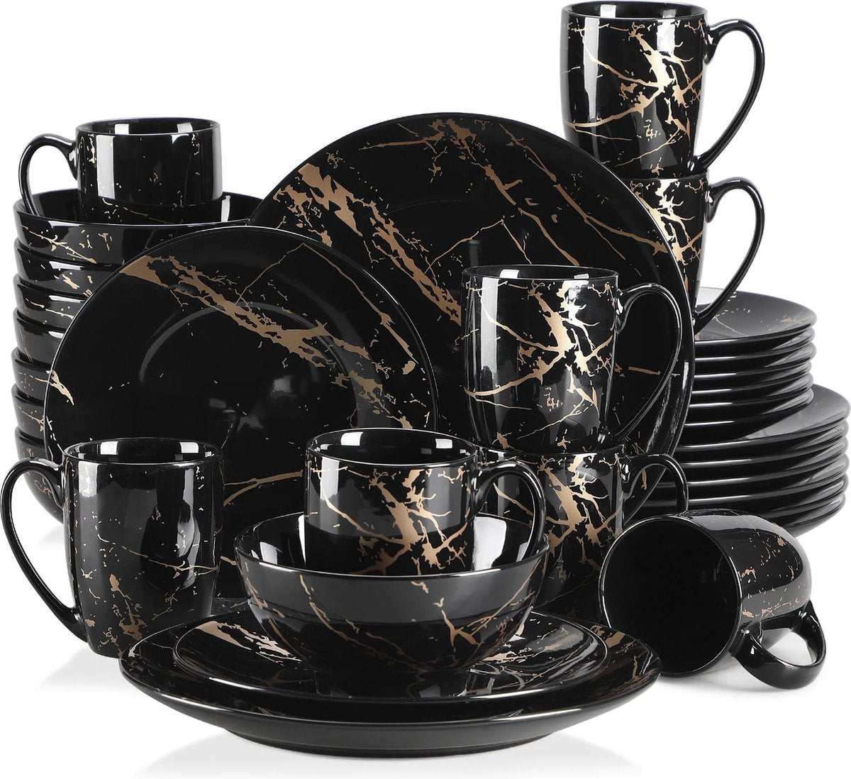 Serviesset - Serviessets - Serviesset 4 personen - Zwart Met Goud - Porselein - 16-delig Servies - Dinerbord - Dessertbord - Kom - Mok