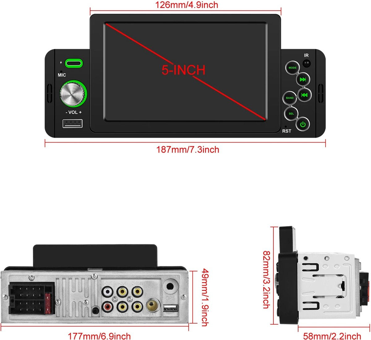 Autoradio - 1 DIN - Apple Carplay - Android Auto - Bluetooth - USB - Camera - 5"