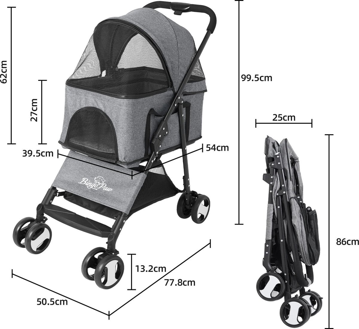 Volda® - Dog Stroller - Pram - Easily Foldable - Up to 30 kg - 4 Wheels - 50.5x77.8x99.5cm