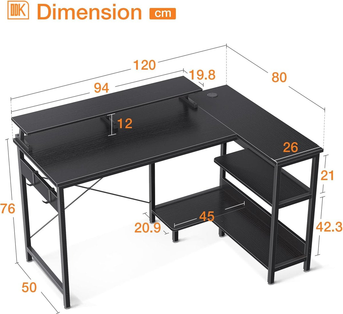 Corner desk black, L-shaped desk with shelf, reversible, gaming table, L-shape with long monitor stand, computer table, L-shape, PC table, office table for home office, 120 x 80 x 88 cm