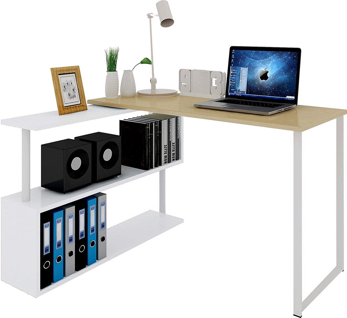 Desk TS65hei Corner Desk Corner Combination Computer Table Desk Work Table PC Laptop Table with Shelves, 120x100x74cm (WxDxH), MDF, Light Oak
