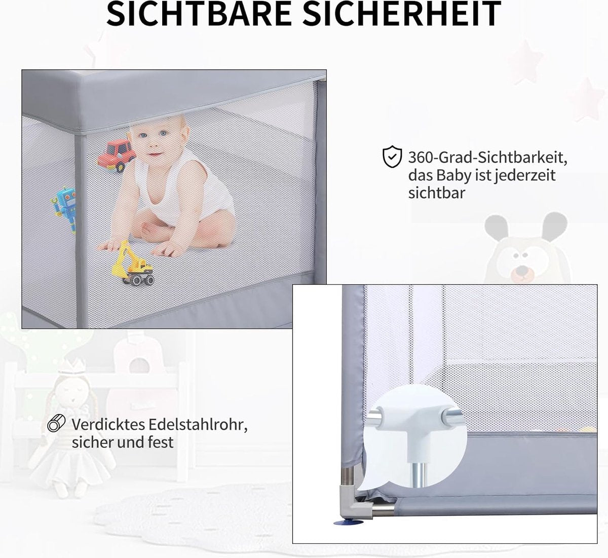 Babybox, Box voor Baby's, Boxen voor Baby's, Grote Box voor Peuters, Recreatieruimte, Stevige Veilige Babybox, Box voor Baby's (120x120cm, Grijs)