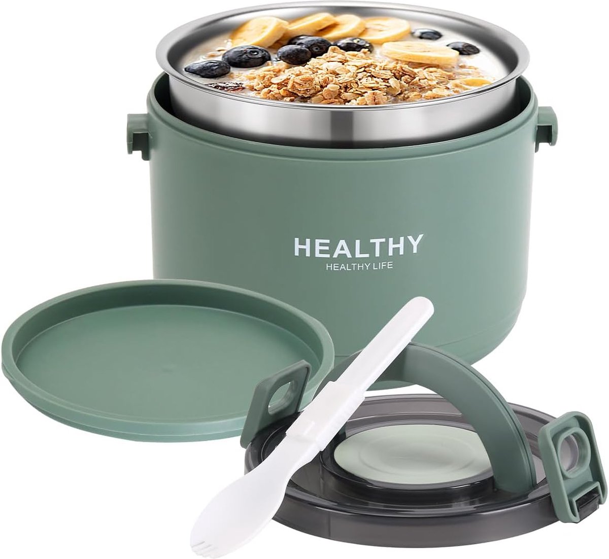 Thermo-etenscontainer, 1000 ml roestvrij staal, warmhoudcontainer voor eten en kinderen, thermische lunchbox met gespsluiting voor soep, muesli, stoofpot (groen)