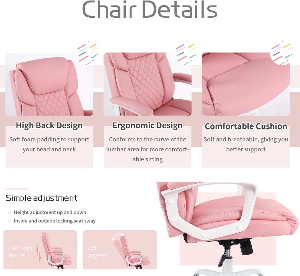 Pink Office Chair - Adjustable Backrest - Waterproof and Breathable - Maximum Load Capacity 90 kg - PU Leather Fabric
