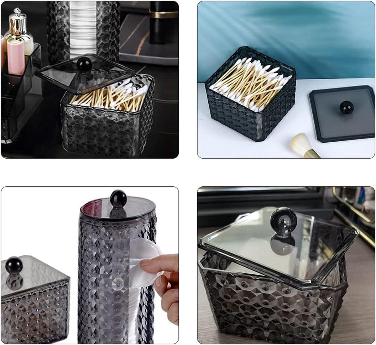 Wattenschijfjesdispenser, 2 stuks, wattenstaafjeshouder, opberger met deksel, wattenschijfjeshouder, opbergpot van kunststof, wattenschijfjesorganizer, opbergen in de badkamer